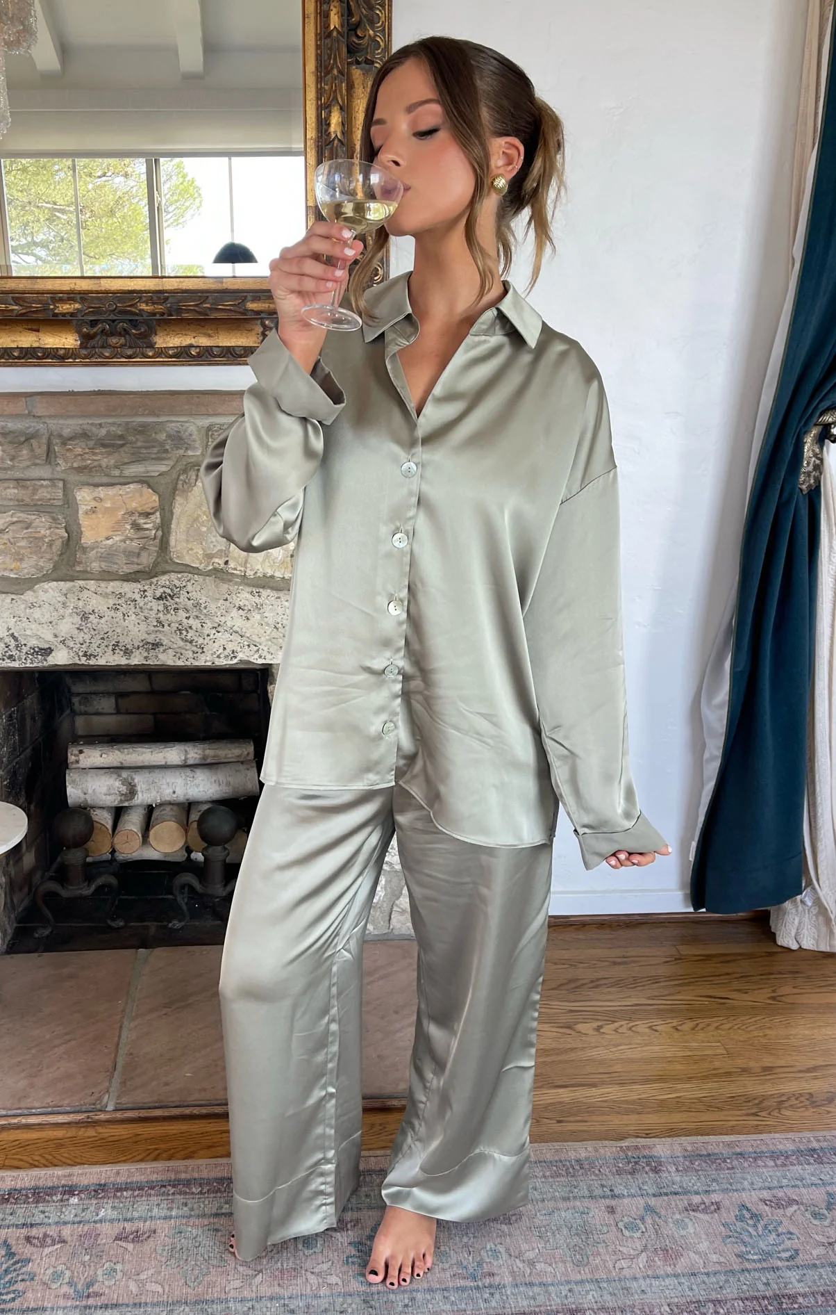Always and Forever Button Down ~ Moss Green Luxe Satin - Image 2