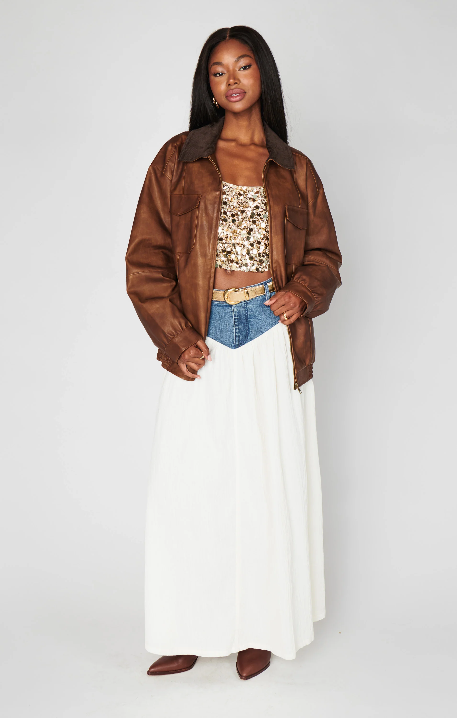Maverick Bomber Jacket ~ Chestnut Brown Faux Leather - Image 10