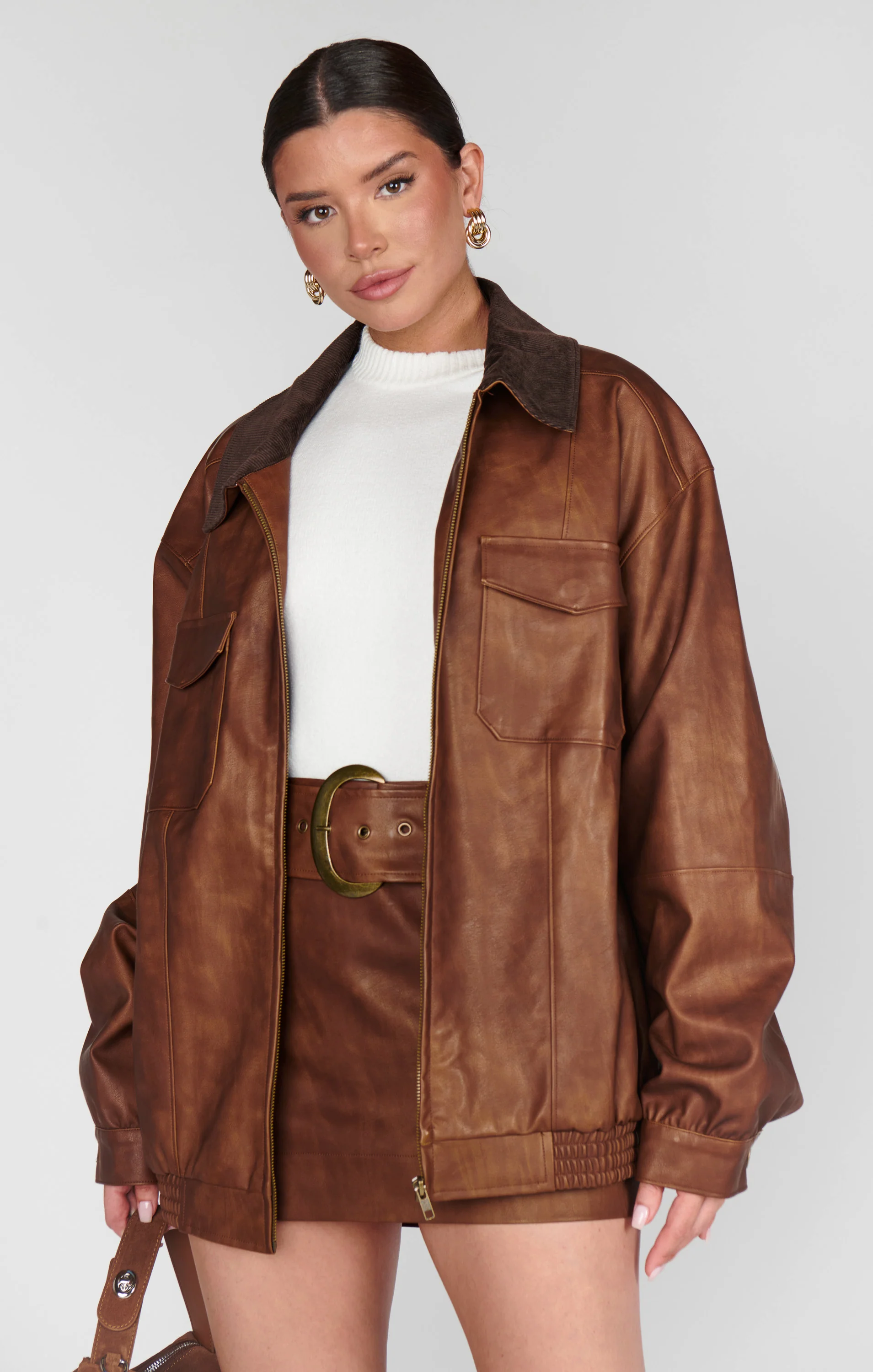 Maverick Bomber Jacket ~ Chestnut Brown Faux Leather - Image 5