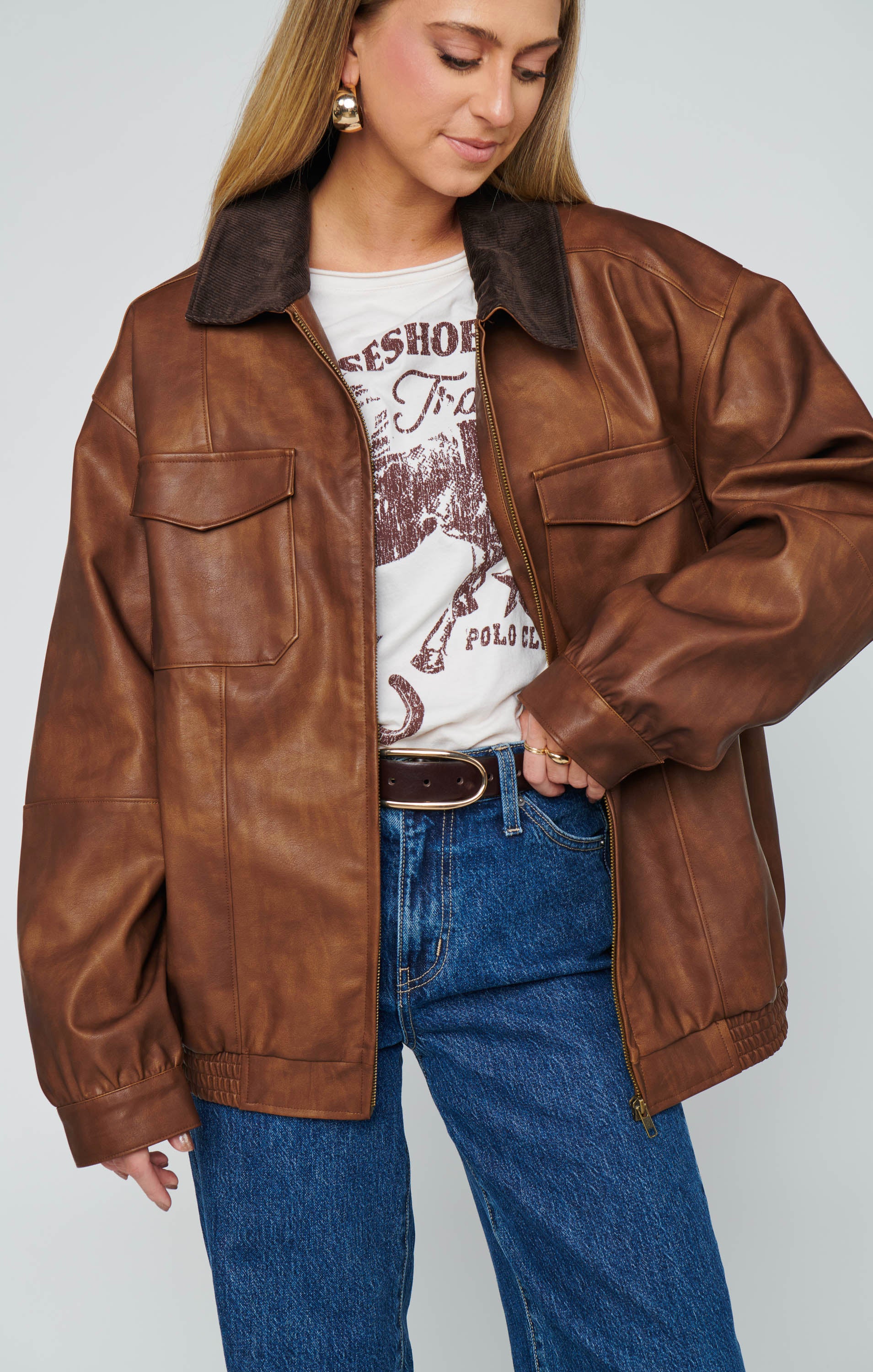 Maverick Bomber Jacket ~ Chestnut Brown Faux Leather - Image 8