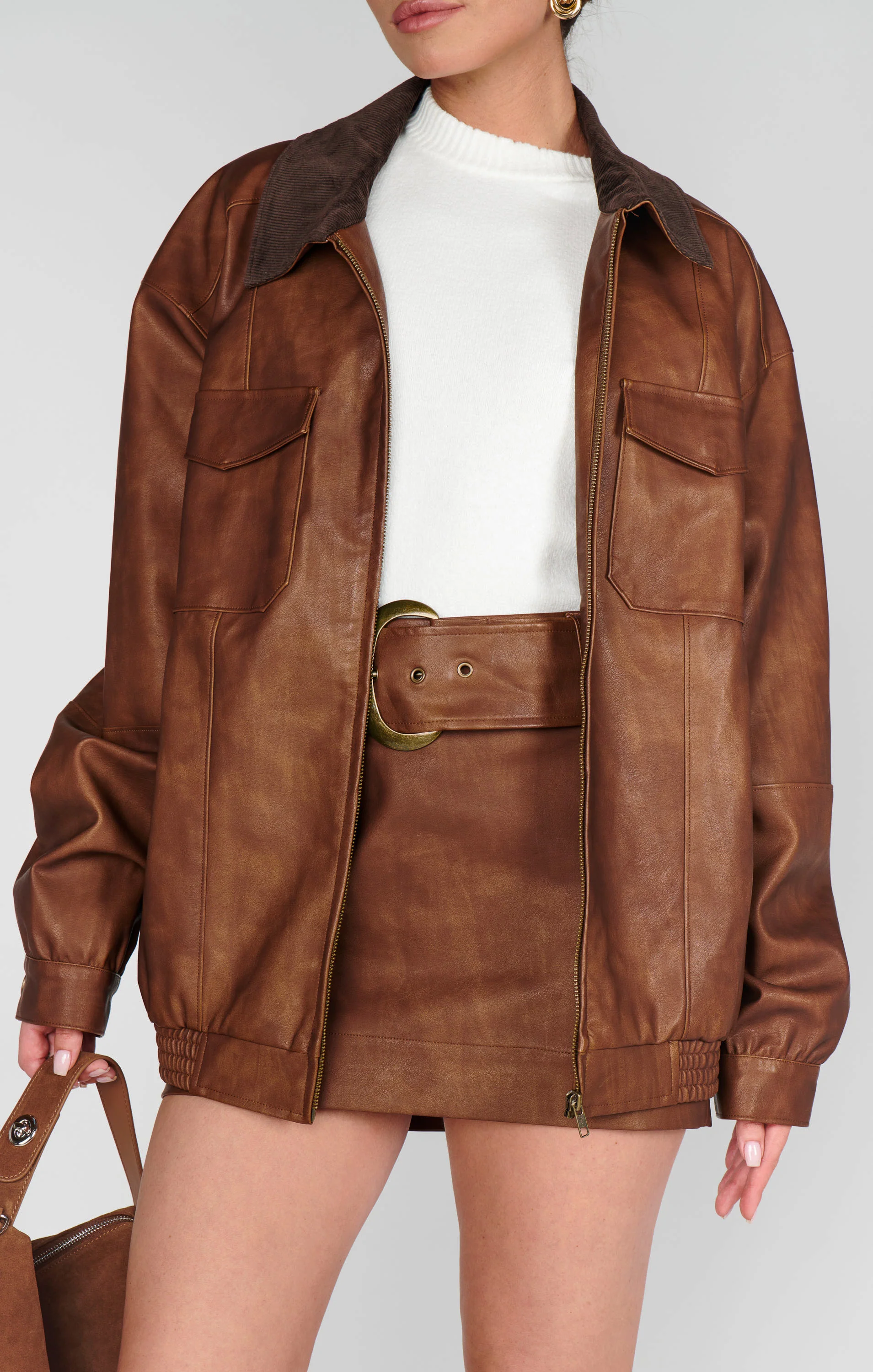 Maverick Bomber Jacket ~ Chestnut Brown Faux Leather - Image 9