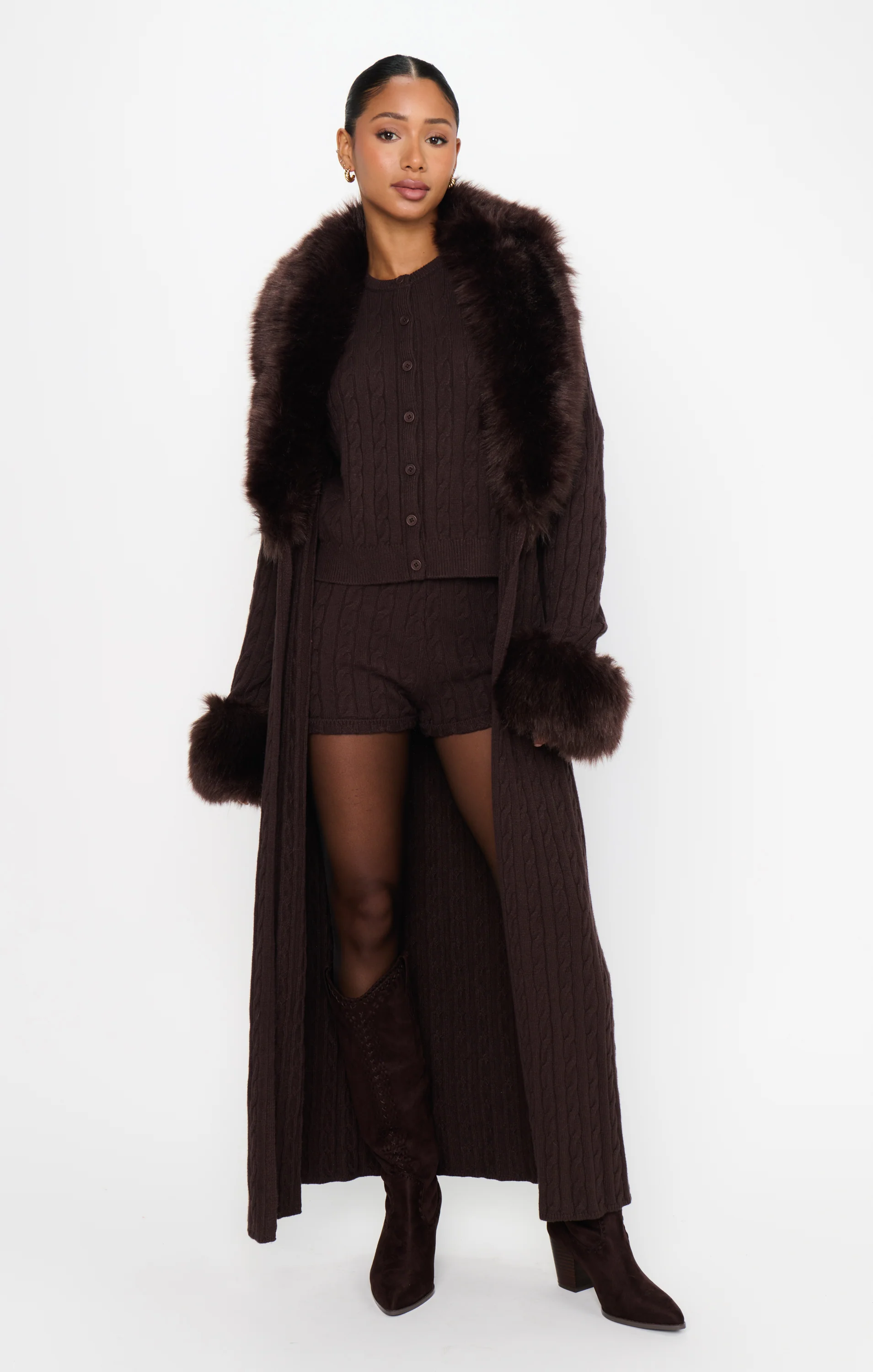 Stormi Cardigan ~ Chocolate Cable Knit with Faux Fur - Image 4