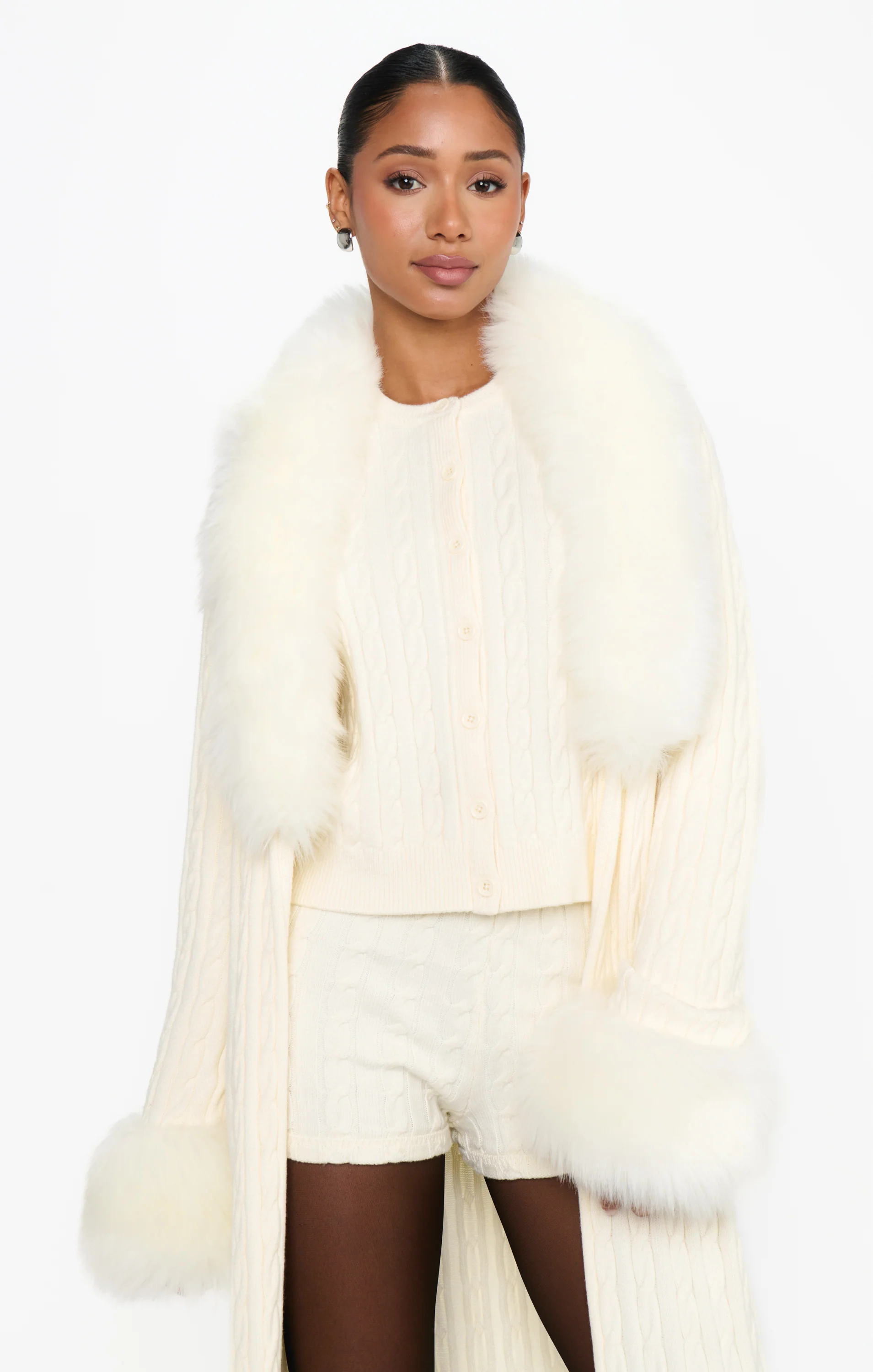 Stormi Cardigan ~ Snow Cable Knit with Faux Fur - Image 5
