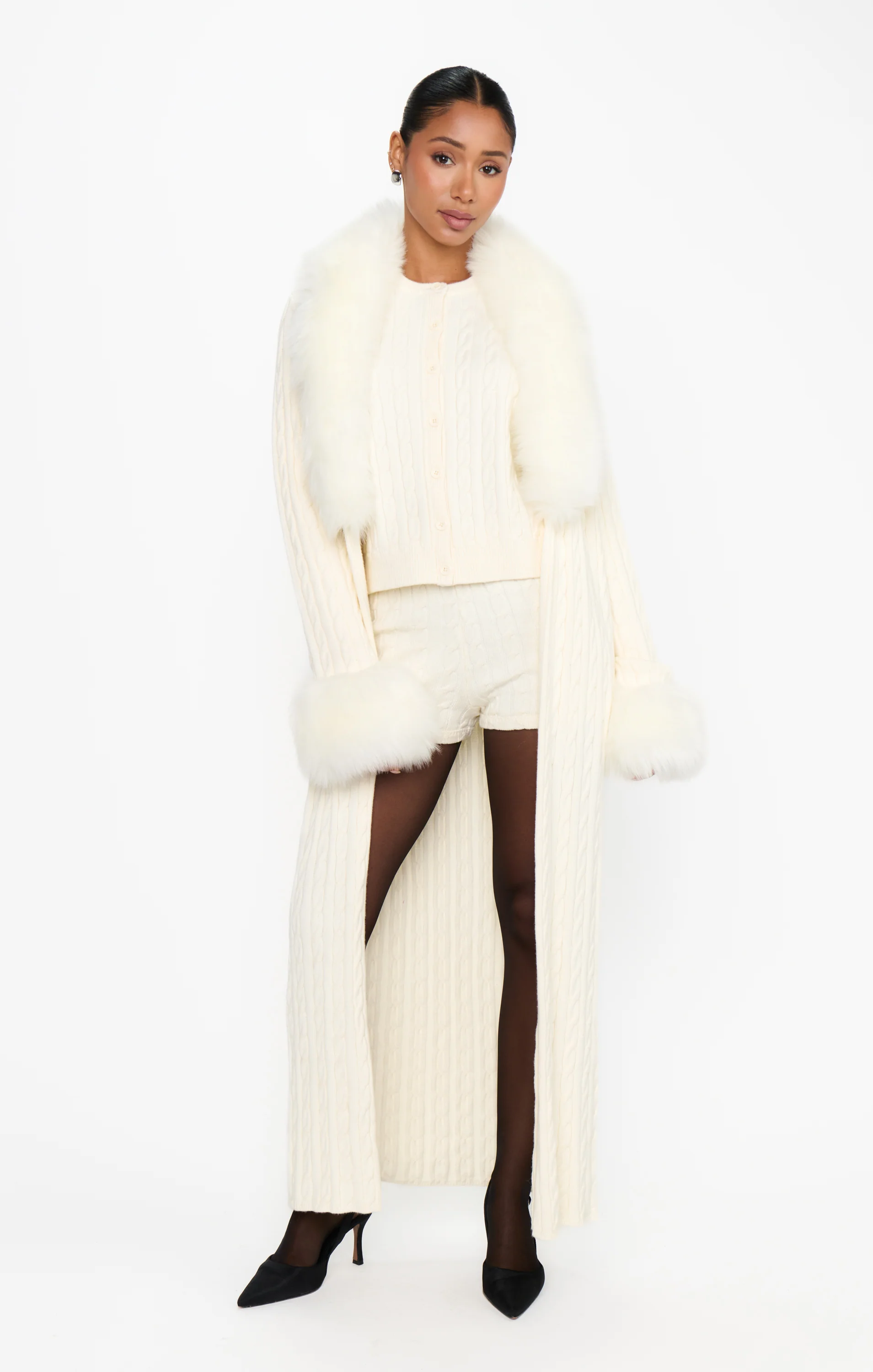 Stormi Cardigan ~ Snow Cable Knit with Faux Fur - Image 6